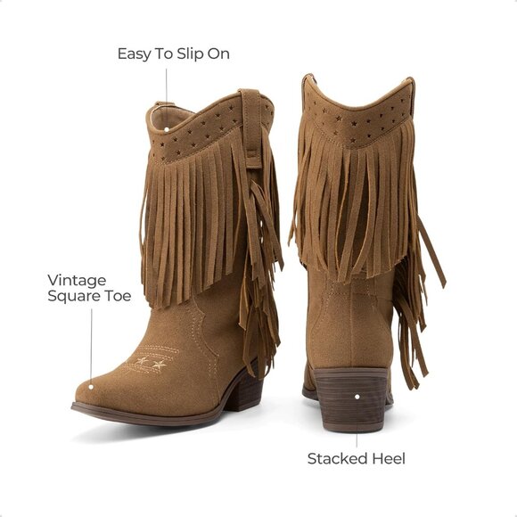 ⚡Girls Brown Cowgirl Boot Tassel Fringe Kids Western Boots Stylish & Comfortable - Picture 4 of 6